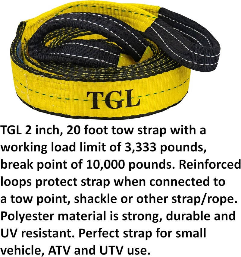 TGL 2 inch, 20 Foot ATV Tow Strap Heavy Duty with Reinforced Loops 10,000 Pound Capacity. Compatible with Polaris, Honda, Can-Am ATV, UTV Towing Strap, Tree Saver Strap. - Image 2