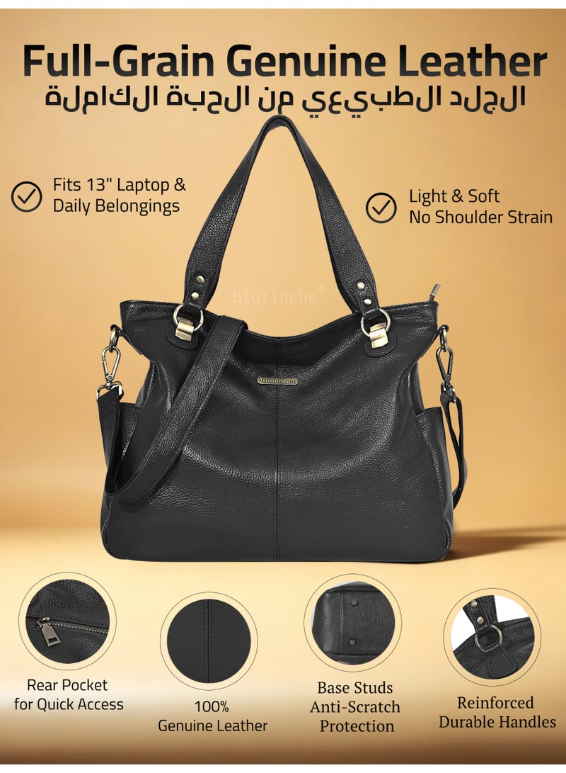 Blofinche Genuine Leather Hobo Bag for Women, Large Slouchy Tote Purse, Soft Real Leather Shoulder Handbag Satchel, Fits 13 Inch Laptop Work Bag - Image 1