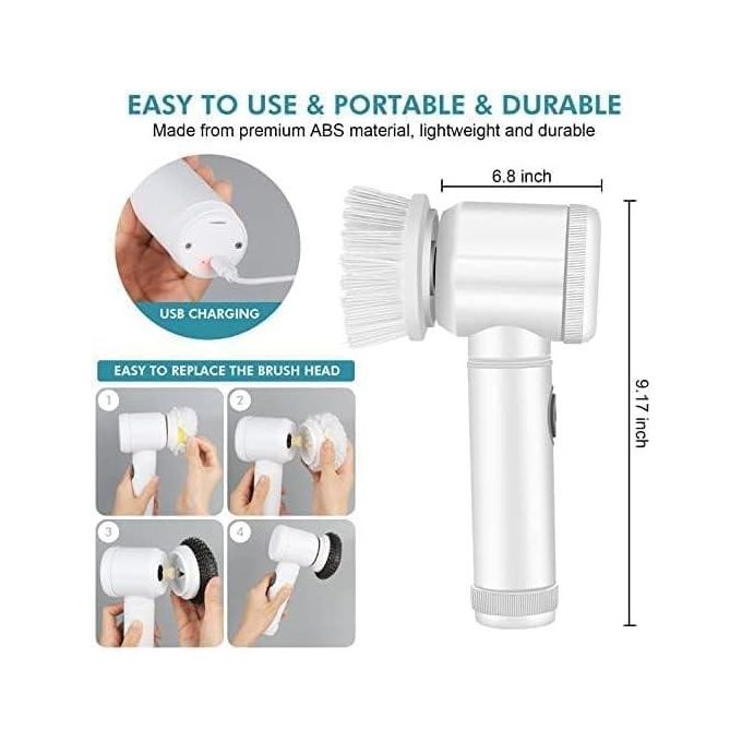 5-in-1 Electric Magic Cleaning Brush (USB Rechargeable) – Tile Cleaning Tool with 3 Heads – Rotating Scrubber - Image 2