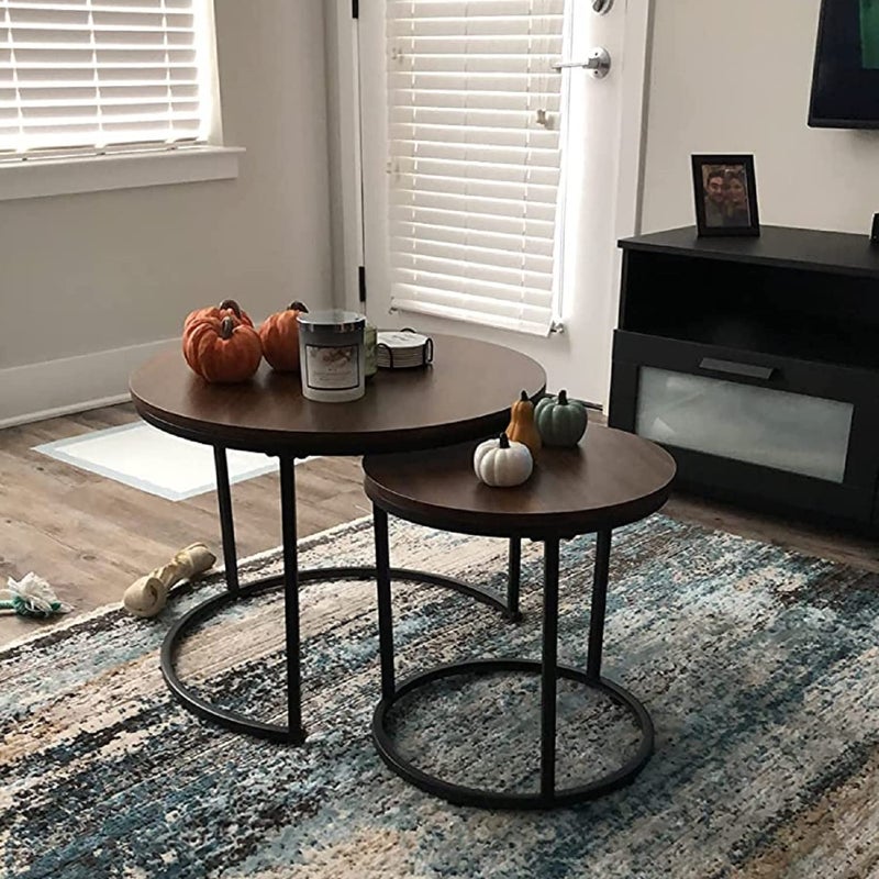 aboxoo Coffee Table Nesting Side Round Set of 2 End Table Top Sturdy Metal Frame Desk Centerpiece Living Room Bedroom Apartment Modern Industrial Simple Nightstand - Image 5