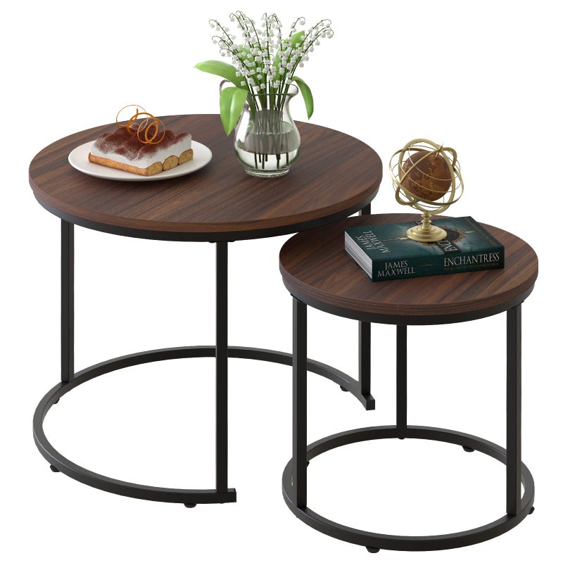 aboxoo Coffee Table Nesting Side Round Set of 2 End Table Top Sturdy Metal Frame Desk Centerpiece Living Room Bedroom Apartment Modern Industrial Simple Nightstand - Image 1