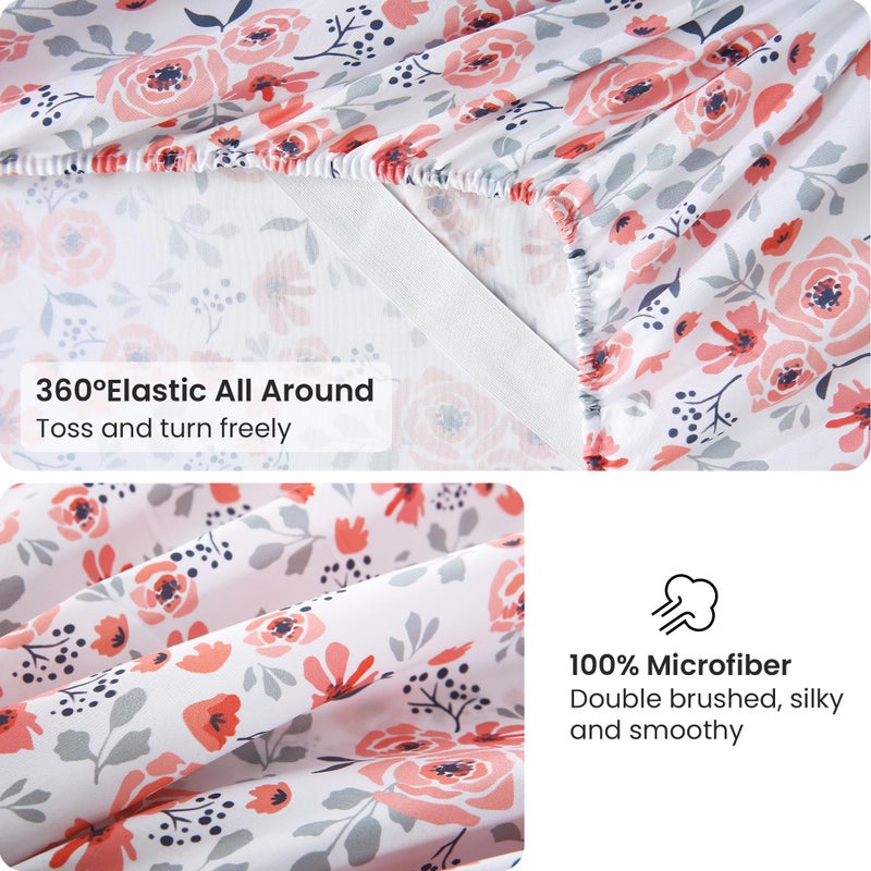 Viviland Floral Full Sheet Set - 4 Piece Orange Pink Rose Patterned Bed Sheets - Soft, Breathable Microfiber Sheets with Deep Pocket, Non-Slip Fitted Sheets & Pillowcases - Image 4