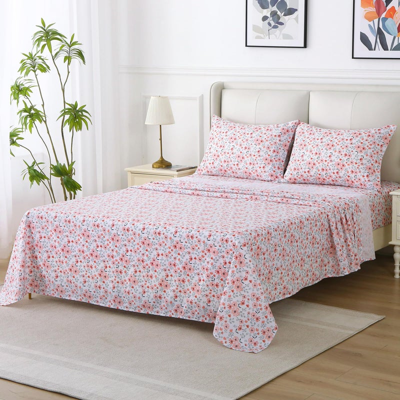 Viviland Floral Full Sheet Set - 4 Piece Orange Pink Rose Patterned Bed Sheets - Soft, Breathable Microfiber Sheets with Deep Pocket, Non-Slip Fitted Sheets & Pillowcases - Image 2