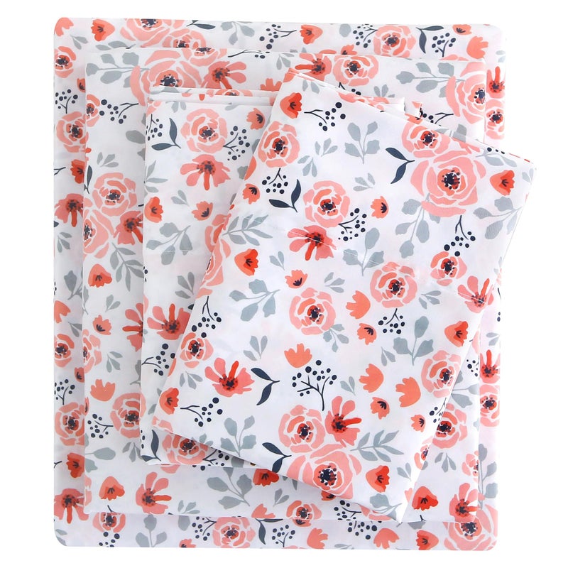 Viviland Floral Full Sheet Set - 4 Piece Orange Pink Rose Patterned Bed Sheets - Soft, Breathable Microfiber Sheets with Deep Pocket, Non-Slip Fitted Sheets & Pillowcases - Image 1