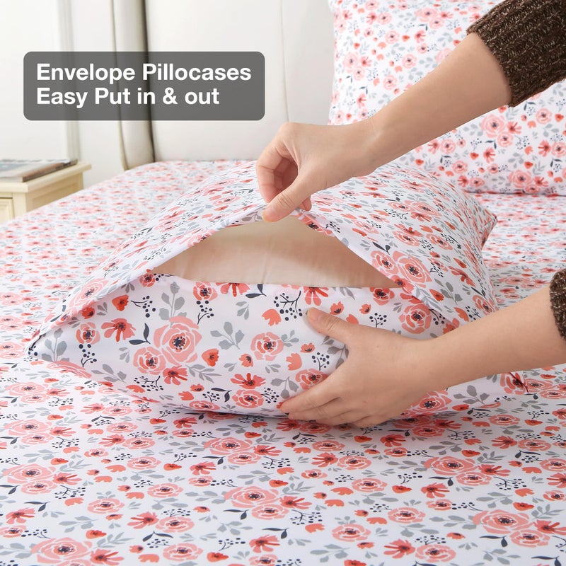 Viviland Floral Full Sheet Set - 4 Piece Orange Pink Rose Patterned Bed Sheets - Soft, Breathable Microfiber Sheets with Deep Pocket, Non-Slip Fitted Sheets & Pillowcases - Image 5