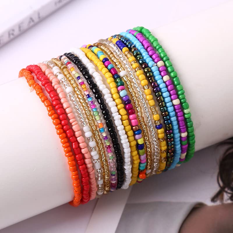 Soyzvteo 17Pcs Elastic Beaded Bracelets Bohemian Stackable Beaded Stretch Bracelets Colorful Boho Beach Bracelet Set Rainbow Handmade Seed Beach Bracelet Jewelry-17pcs - Image 2