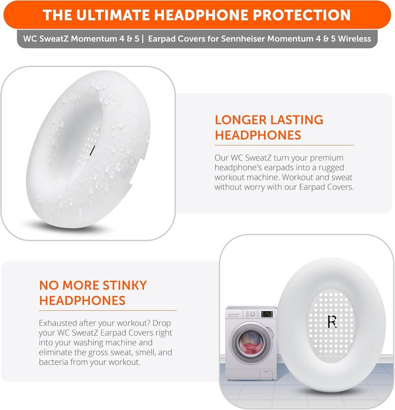 WC SweatZ Momentum 4 - Patented Earpad Covers for Sennheiser Momentum 4 Wireless Over Ear Headphones by Wicked Cushions | Sweatproof & Easily Washable | White - Image 5