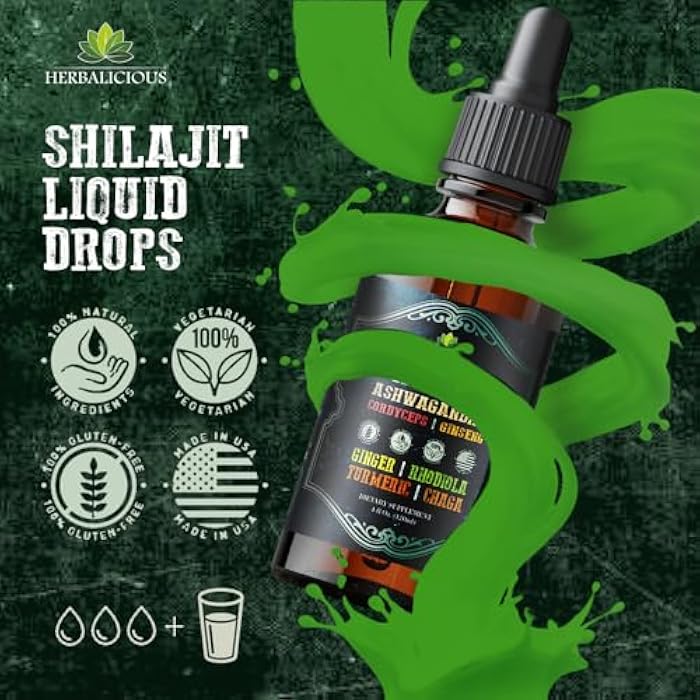 HERBALICIOUS Shilajit Liquid Supplement with Ashwagandha, Cordyceps, Ginseng, Rhodiola, Turmeric, Chaga & Ginger – 8-in-1 Adaptogenic Herbal Drops for Energy, Stress Relief, Focus & Immune Support 4 fl oz - Image 5
