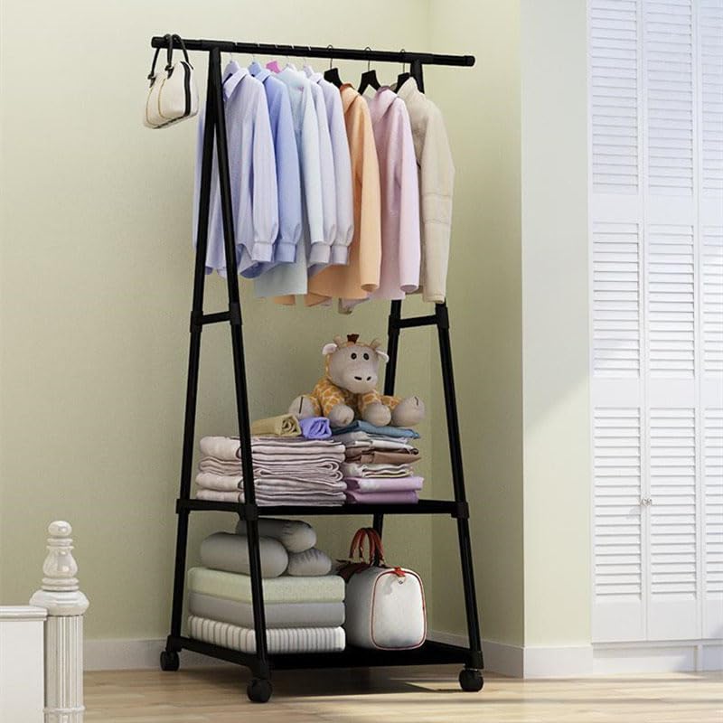 DWELLIT DWELLIT Clothing Rack with 2Tier Storage Shelves and wheels Rolling Wardrobe for Bedroom Living Room Black 2 fabric layers with 16 mm baked paint tube and 4 wheels - Image 1