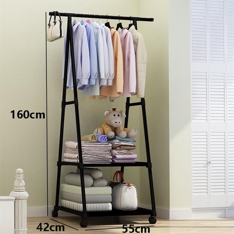 DWELLIT DWELLIT Clothing Rack with 2Tier Storage Shelves and wheels Rolling Wardrobe for Bedroom Living Room Black 2 fabric layers with 16 mm baked paint tube and 4 wheels - Image 4