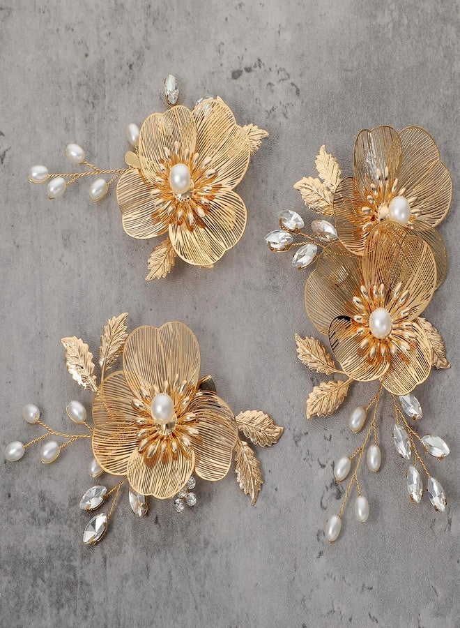 WJIAAA Bridal Gold Hair Clips, 3 Pcs Floral Hair Accessories, Secure-Grip Duckbill Clips with Pearls for Wedding Party, Photo Shoots (2 Sizes, Zinc Alloy) - Image 1
