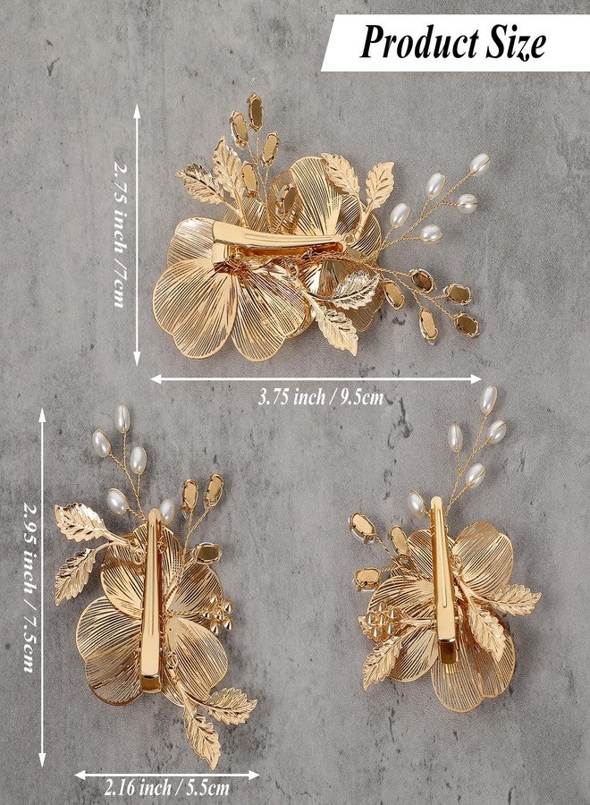 WJIAAA Bridal Gold Hair Clips, 3 Pcs Floral Hair Accessories, Secure-Grip Duckbill Clips with Pearls for Wedding Party, Photo Shoots (2 Sizes, Zinc Alloy) - Image 3