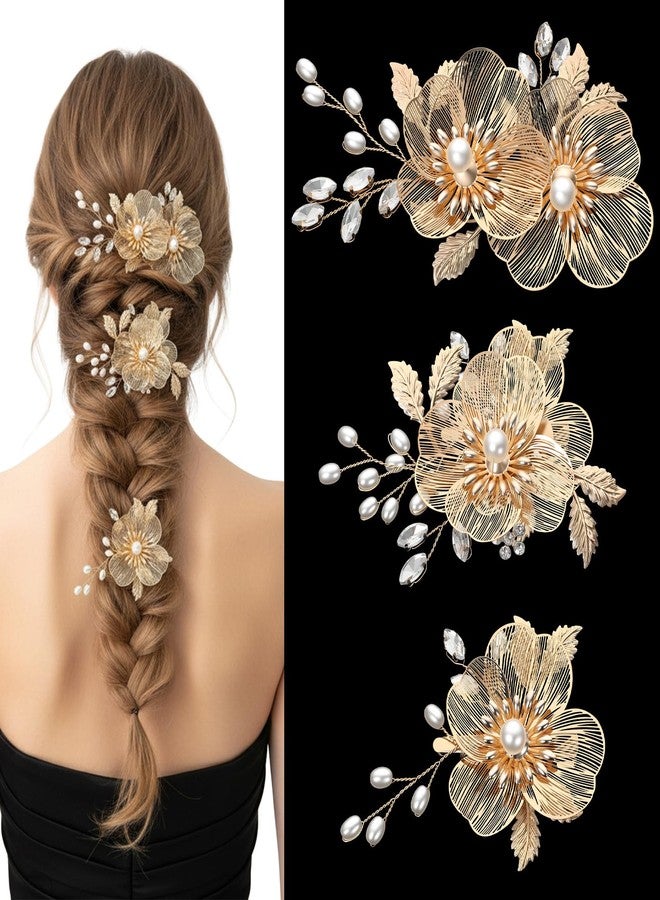 WJIAAA Bridal Gold Hair Clips, 3 Pcs Floral Hair Accessories, Secure-Grip Duckbill Clips with Pearls for Wedding Party, Photo Shoots (2 Sizes, Zinc Alloy) - Image 4