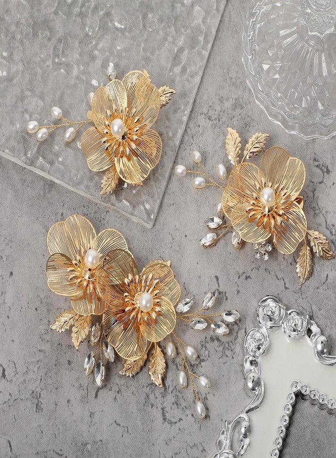 WJIAAA Bridal Gold Hair Clips, 3 Pcs Floral Hair Accessories, Secure-Grip Duckbill Clips with Pearls for Wedding Party, Photo Shoots (2 Sizes, Zinc Alloy) - Image 2