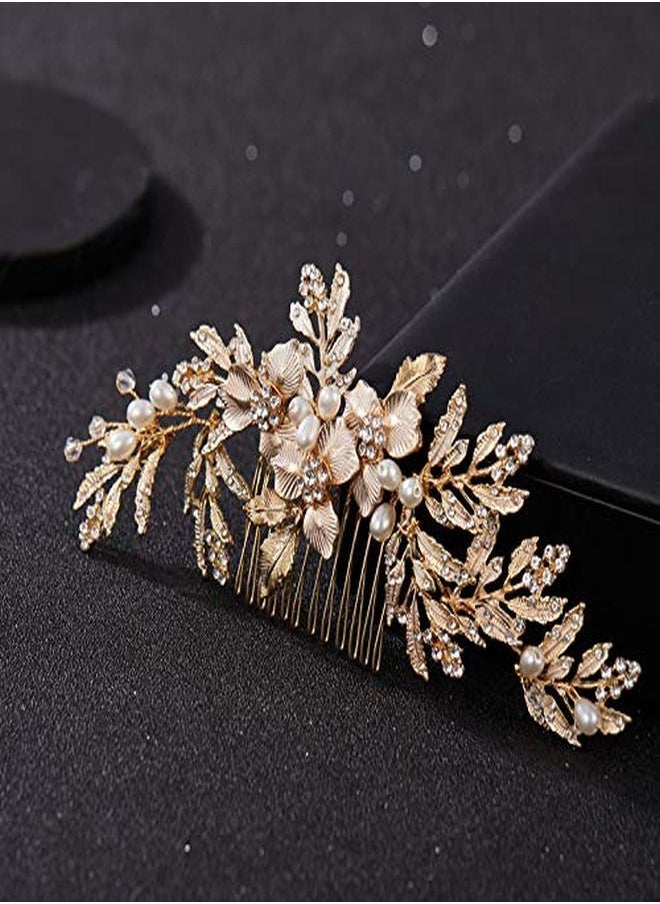 SWEETV - Handmade Wedding Hair Comb Clip Rhinestone Bridal Hair Comb Piece, Gold Hair Accessories For Brides Wedding - Image 1