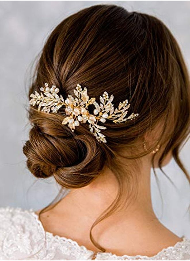 SWEETV - Handmade Wedding Hair Comb Clip Rhinestone Bridal Hair Comb Piece, Gold Hair Accessories For Brides Wedding - Image 1