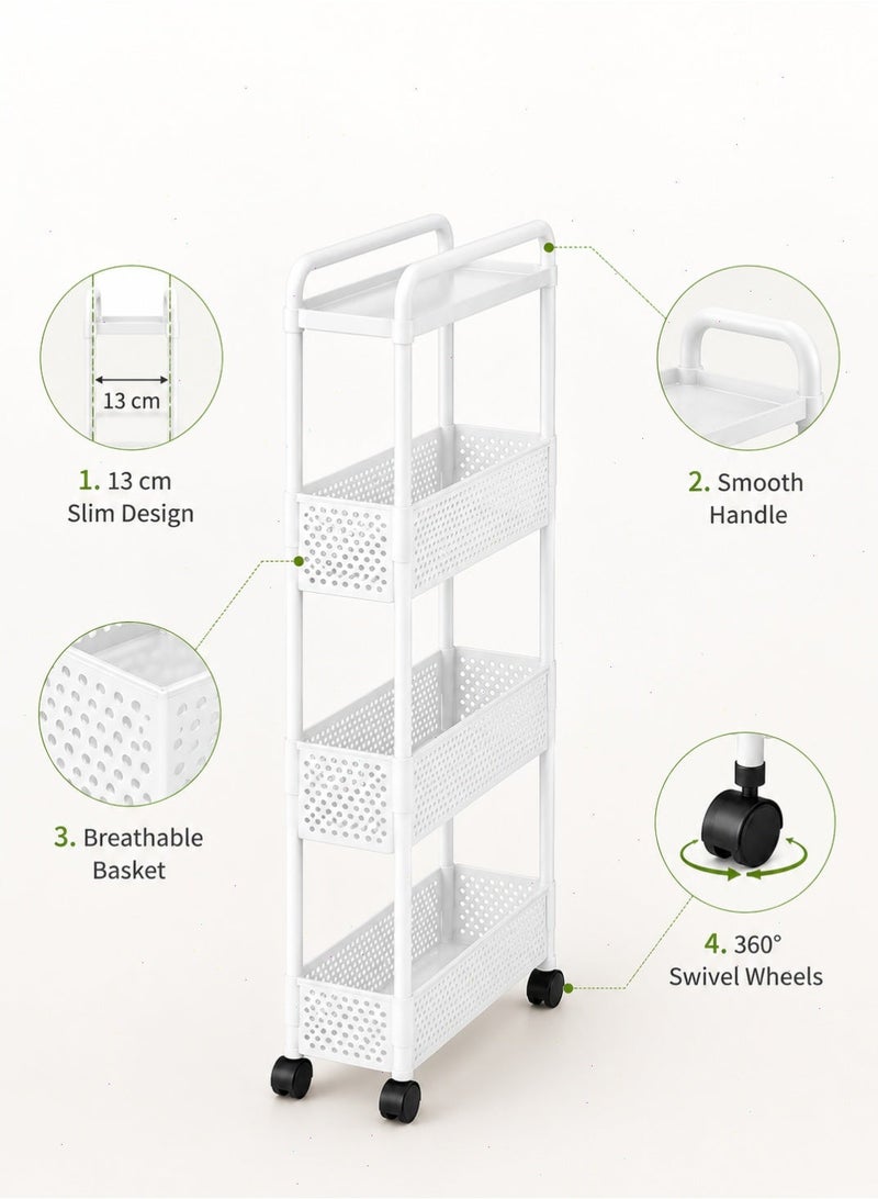 Yoawllty 4‑Tier Slim Storage Rolling Cart, Rolling Storage Trolley with 360° Swivel Wheels, White Rolling Storage Cart Narrow Space Storage for Home Organization - Image 5