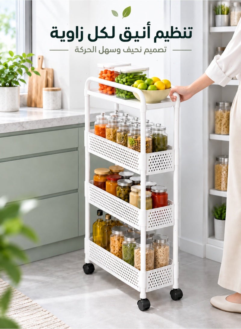 Yoawllty 4‑Tier Slim Storage Rolling Cart, Rolling Storage Trolley with 360° Swivel Wheels, White Rolling Storage Cart Narrow Space Storage for Home Organization - Image 1