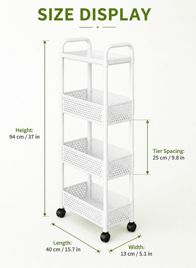 Yoawllty 4‑Tier Slim Storage Rolling Cart, Rolling Storage Trolley with 360° Swivel Wheels, White Rolling Storage Cart Narrow Space Storage for Home Organization - Image 3