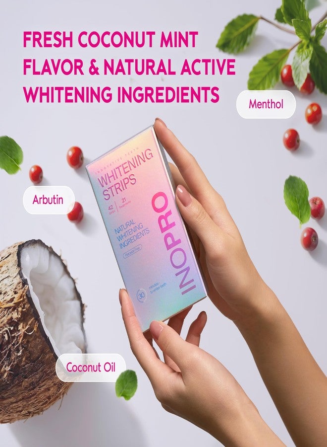 InoPro مجموعة شرائط تبييض الأسنان InoPro 21 علاج - مبيض أسنان، خالي من البيروكسيد، آمن على المينا شرائط بيضاء خضراء، إزالة البقع العميقة - تبييض الأسنان الفوري بدون ضرر (42 شريط)  - Image 4