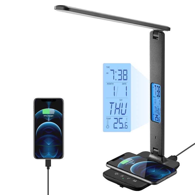 poukaran LED Desk Lamp with Wireless Charger, USB Charging Port, Table Lamp with Clock, Alarm, Date, Temperature, Desk Lamps for Home Office,Black - Image 1