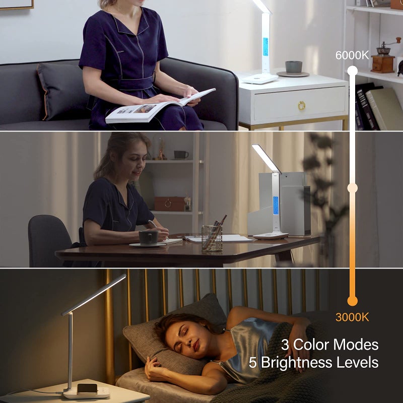 poukaran LED Desk Lamp with Wireless Charger, USB Charging Port, Table Lamp with Clock, Alarm, Date, Temperature, Desk Lamps for Home Office,Black - Image 5