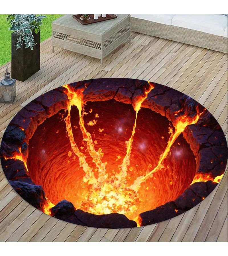 Creative Volcanic Lava Eruption Themed Round Flannel Printed Floor Mat 120 x 120 Cm Modern Decorative Mat For Living Room Bedroom Study Game Room Soft And Comfortable Underfoot - Image 5