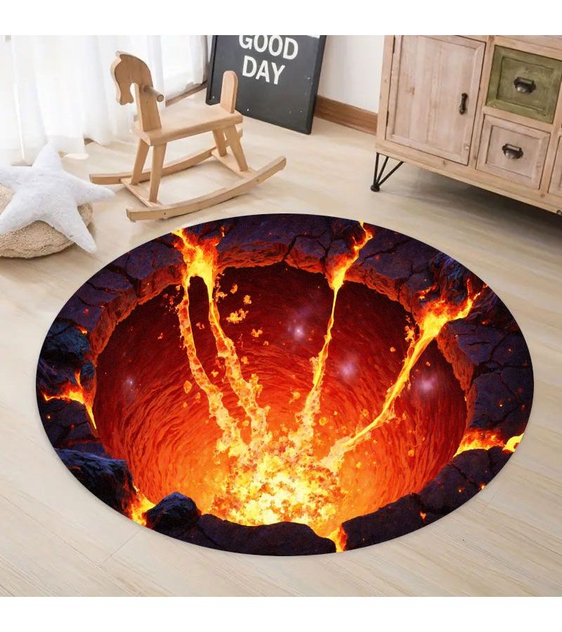 Creative Volcanic Lava Eruption Themed Round Flannel Printed Floor Mat 120 x 120 Cm Modern Decorative Mat For Living Room Bedroom Study Game Room Soft And Comfortable Underfoot - Image 2