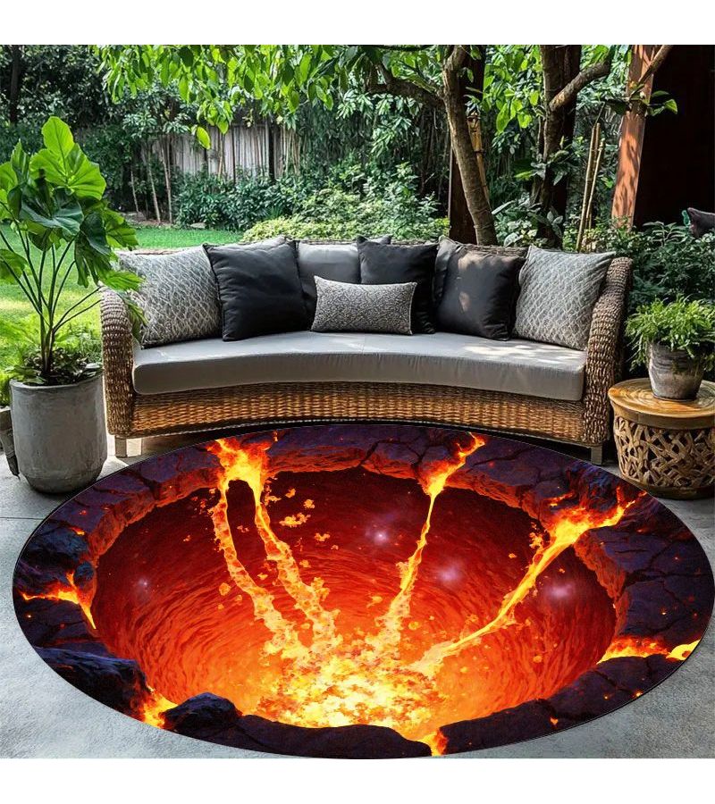 Creative Volcanic Lava Eruption Themed Round Flannel Printed Floor Mat 120 x 120 Cm Modern Decorative Mat For Living Room Bedroom Study Game Room Soft And Comfortable Underfoot - Image 1