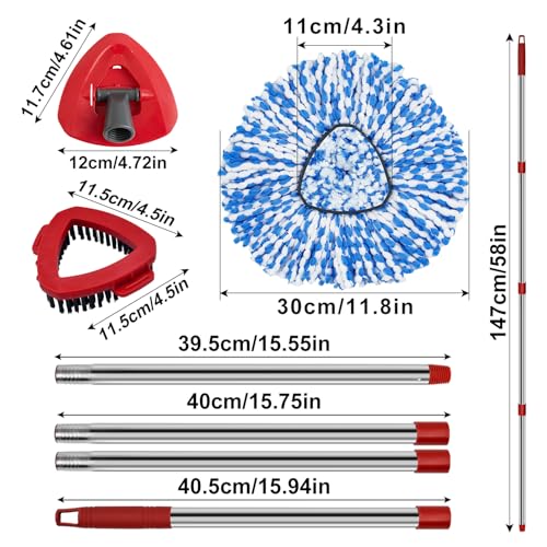 GFRED Spin Mop Handle Mop Heads and Base Replacement Sets Compatible with O Cedar EasyWring Rinseclean 2 Tank System Flexible Reusable1 Sets Stainless Steel Handle 2 Refills 1 Base 1 Scrub Brush - Image 3