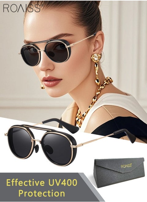 Polarized Round Sunglasses for Men Women UV400 Protection Sun Glasses with Black Gold Metal and PC Frame Fashion Anti-Glare Sun Shades for Driving Fishing Traveling Cycling