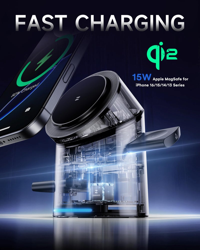 ZEEHOO محطة شحن لاسلكية ZEEHOO 3 في 1 متوافقة مع حامل شاحن Magsafe، شاحن سريع Qi2 15W مع دوران تلقائي متعدد لهواتف iPhone 16/15/14/13/12، AirPods، iWatch/Ultra (شاحن 30W متضمن)  - Image 2