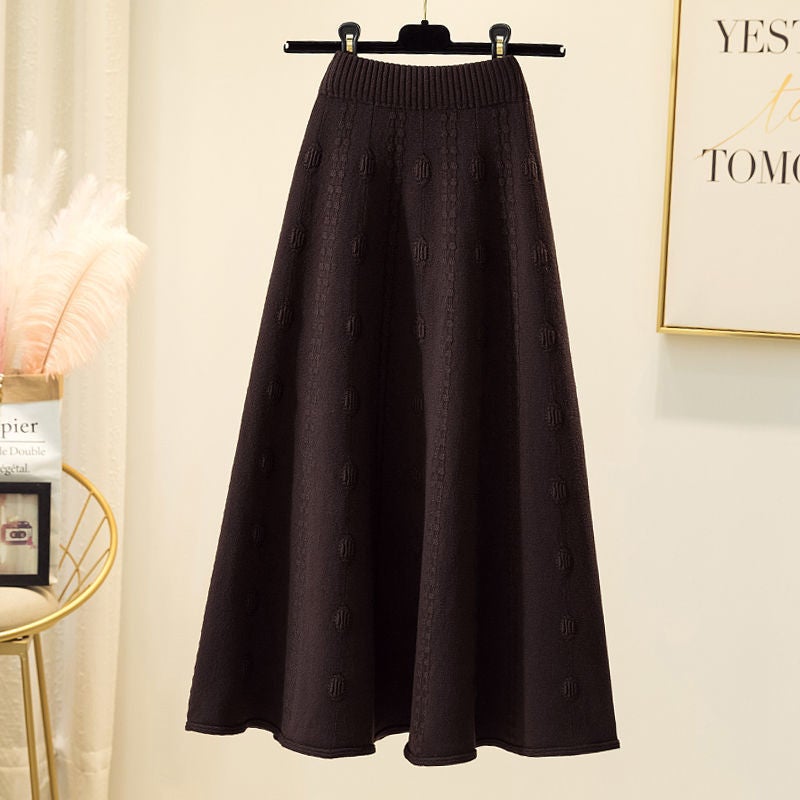 Mid-length Knitted Skirt Womens Spring and Autumn Matching Sweater High Waist A- shaped Umbrella Skirt Winter Skirt Wool Large Swing Long Skirt 1 Brown [counter quality]