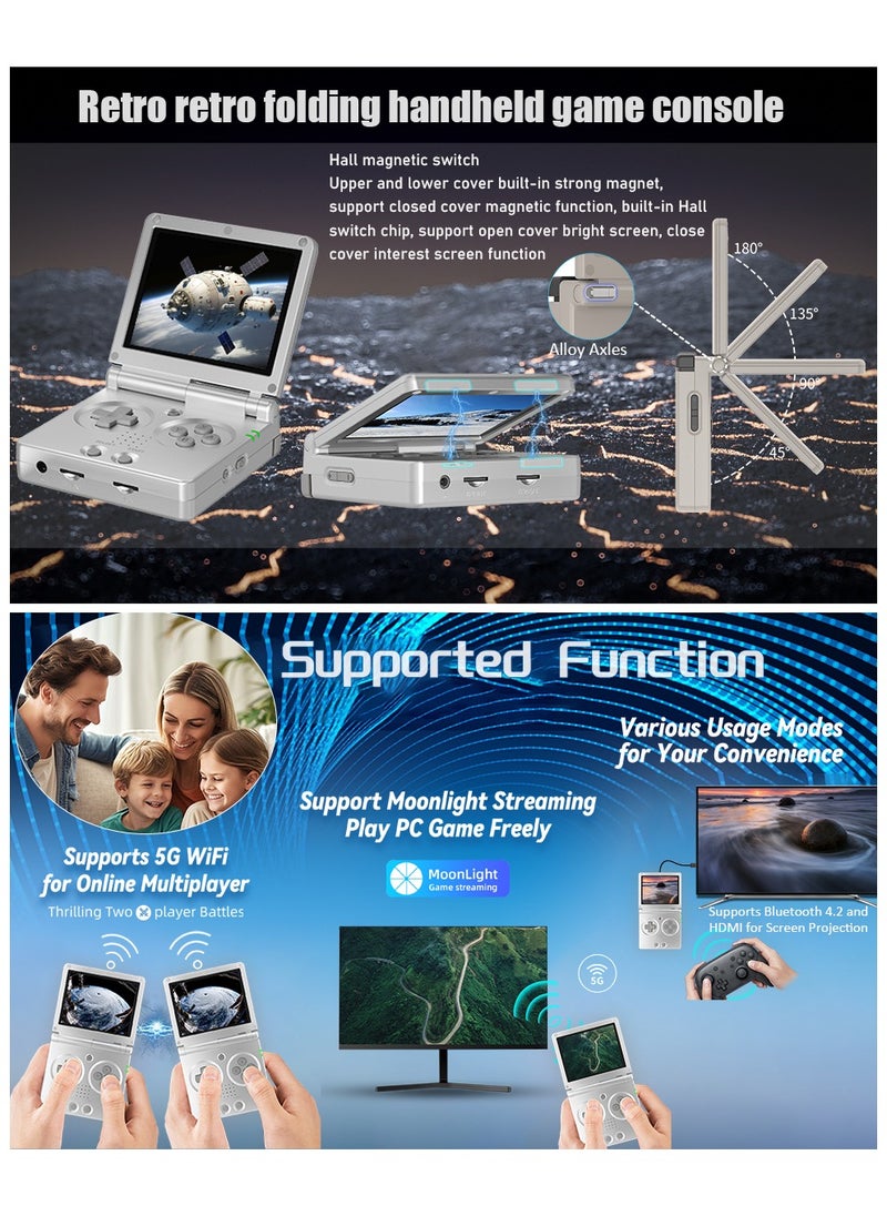 ANBERNIC  - RG35XXSP Handheld Game Console RG35XX SP Clamshell Retro Game Console with 64G TF Card Preloaded Games 5532 Portable Gaming Console with 3.5 inch Screen 3300mAh Battery 5G WiFi Bluetooth HD Silver - Image 1