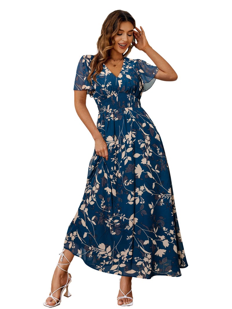 Simplee Apparel Simplee Womens Flowy Boho Floral Maxi Dress Long Vacation Beach Wedding Guest Dress Empire Waist V Neck Short Sleeve Dresses (XL Blue) - Image 1