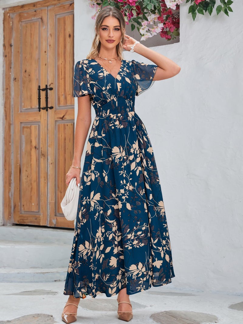 Simplee Apparel Simplee Womens Flowy Boho Floral Maxi Dress Long Vacation Beach Wedding Guest Dress Empire Waist V Neck Short Sleeve Dresses (XL Blue) - Image 2
