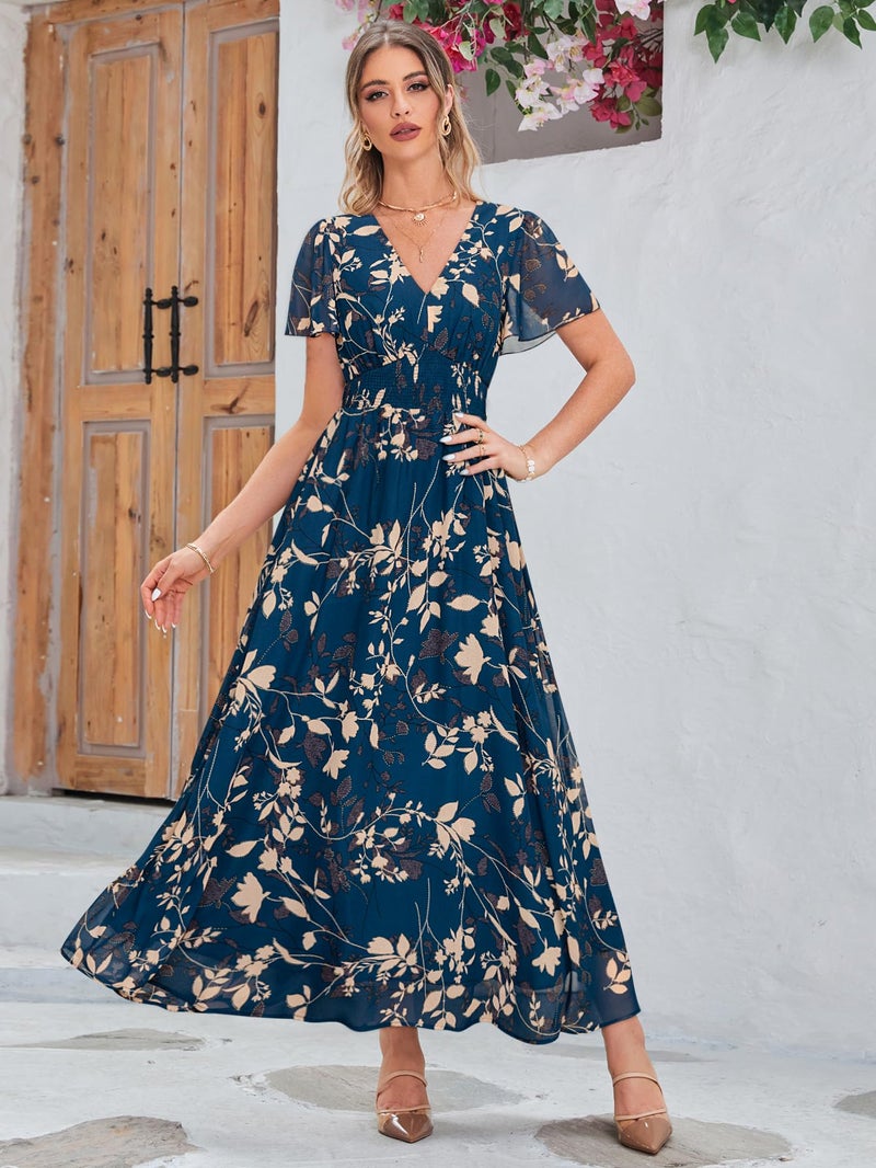 Simplee Apparel Simplee Womens Flowy Boho Floral Maxi Dress Long Vacation Beach Wedding Guest Dress Empire Waist V Neck Short Sleeve Dresses (XL Blue) - Image 5