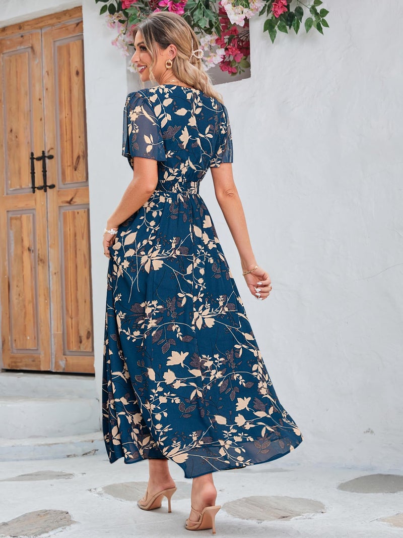 Simplee Apparel Simplee Womens Flowy Boho Floral Maxi Dress Long Vacation Beach Wedding Guest Dress Empire Waist V Neck Short Sleeve Dresses (XL Blue) - Image 4