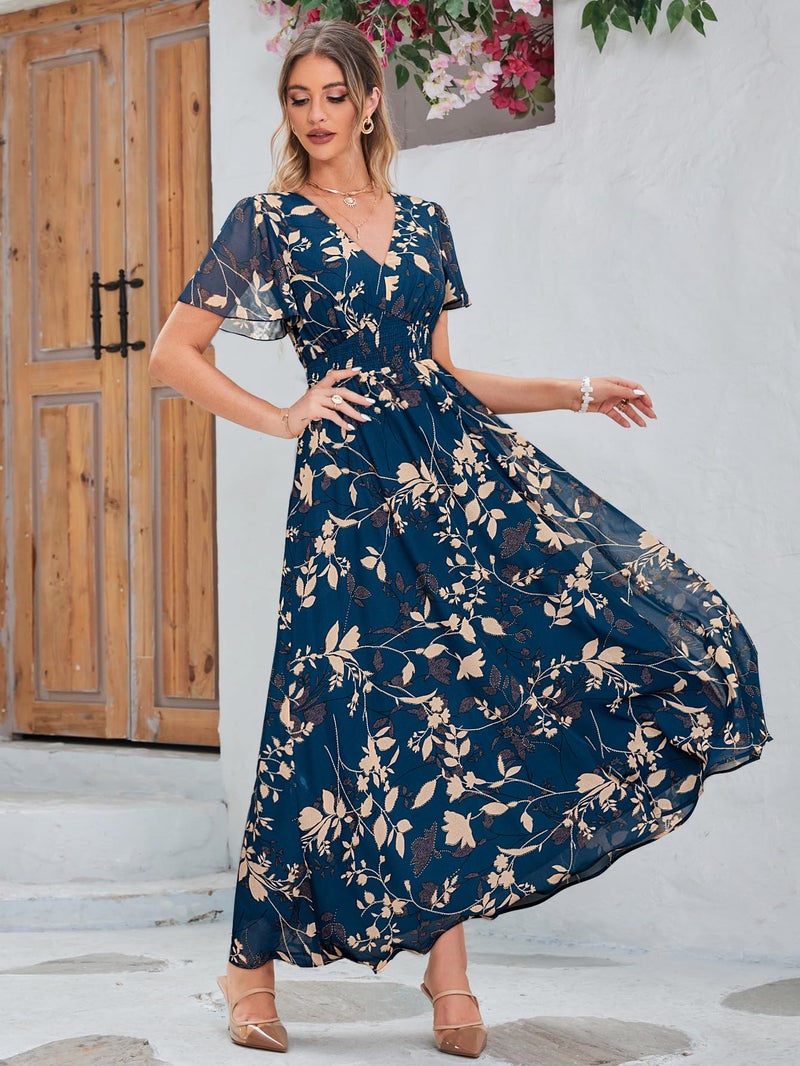 Simplee Apparel Simplee Womens Flowy Boho Floral Maxi Dress Long Vacation Beach Wedding Guest Dress Empire Waist V Neck Short Sleeve Dresses (XL Blue) - Image 3