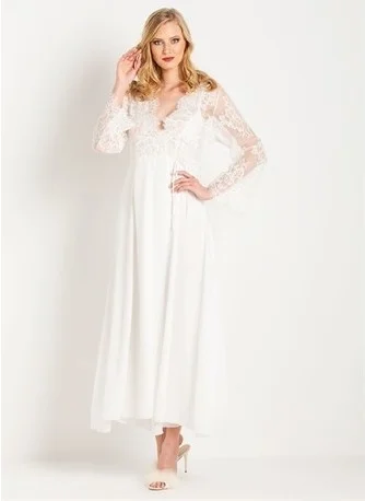 Magic Form 31770 Lacy Crepe Long Dressing Gown with Tassels - Ecru