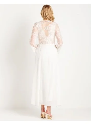 Magic Form 31770 Lacy Crepe Long Dressing Gown with Tassels - Ecru