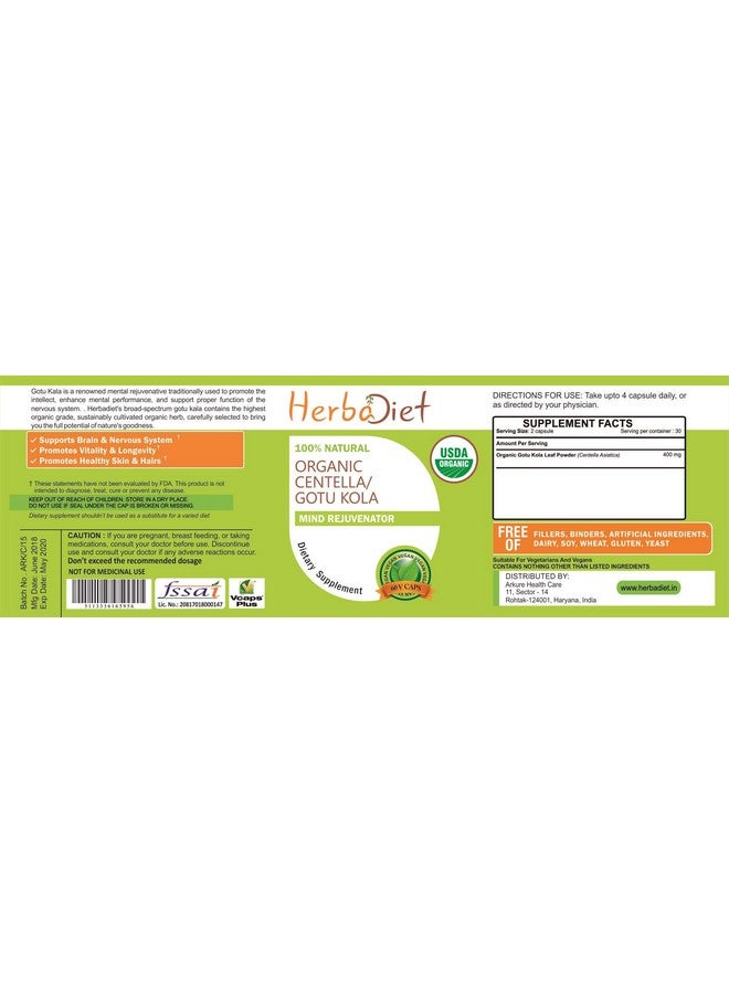 Herbadiet مسحوق سنتيلا أسياتيكا (غوتو كولا) براهمي العضوي؛ مكمل معتمد لتحسين الإدراك للرجال والنساء؛ مكمل دعم الذاكرة والتركيز؛ غير معدل وراثيًا (120 كبسولة) - Image 4