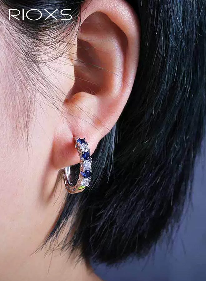 RIOXS Womens Silver Plated Hoop Earrings, Blue Birthstone Earrings, Oval and Princess Genuine or Synthetic Gemstone Earrings for Ladies, Trendy Rhinestone Hoops Earrings for Birthday Wedding Anniversary - Image 2