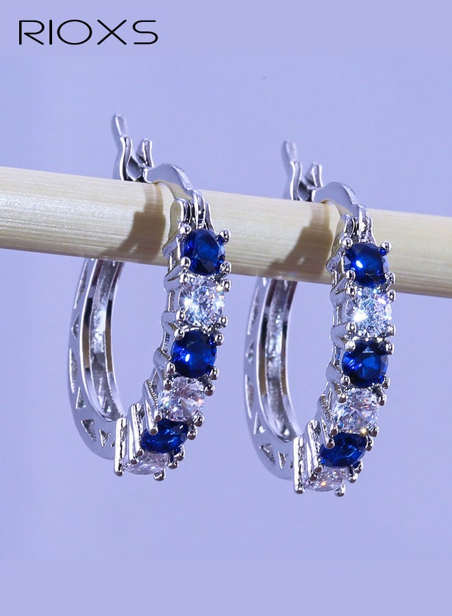 RIOXS Womens Silver Plated Hoop Earrings, Blue Birthstone Earrings, Oval and Princess Genuine or Synthetic Gemstone Earrings for Ladies, Trendy Rhinestone Hoops Earrings for Birthday Wedding Anniversary - Image 4