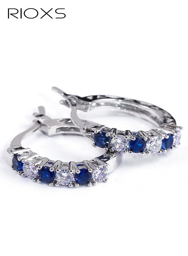 RIOXS Womens Silver Plated Hoop Earrings, Blue Birthstone Earrings, Oval and Princess Genuine or Synthetic Gemstone Earrings for Ladies, Trendy Rhinestone Hoops Earrings for Birthday Wedding Anniversary - Image 1