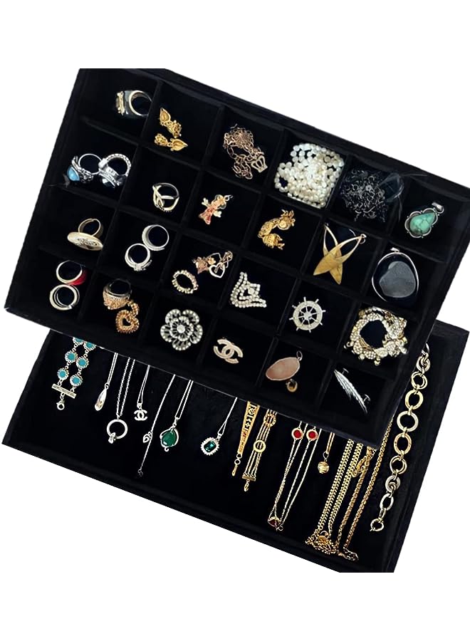 IAF Jewelry Trays Organizer, Velvet & Stackable Jewelry Trays to Display your Jewelry Perfect for Rings Earrings Bracelets Chokers Necklaces Anklets Pendant and Bangles (Set of 2B Black) - Image 1