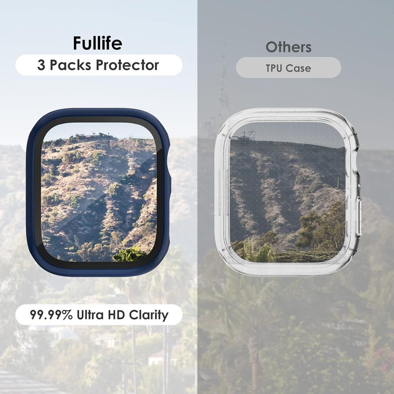 FULLIFE 3 Pack Compatible for Apple Watch Series 6 5 4 SE(2022/2020) 44mm Screen Protector,Built in 9H Tempered Glass Film,Overall Hard PC Protective Case for iWatch 44mm,Black/Blue/Transparent - Image 2