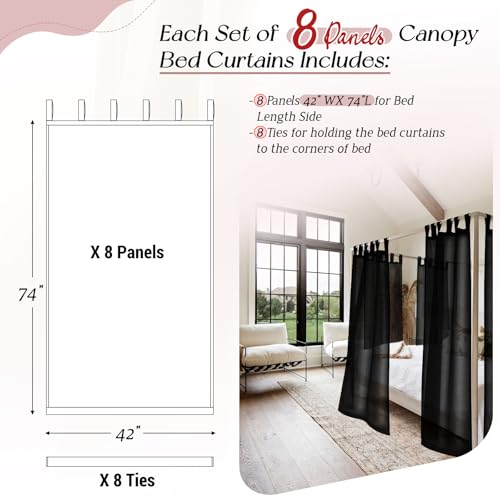 Showgeous 8 Panels Canopy Curtains White Canopy Bed Curtains for King Full/Queen and Twin Bed Frame,Eight Poster Bed Canopy Curtains Drapes,Sheer Canopy Bed Drapes with Top and Self-Adhesive Velcro (42"x74") - Image 2