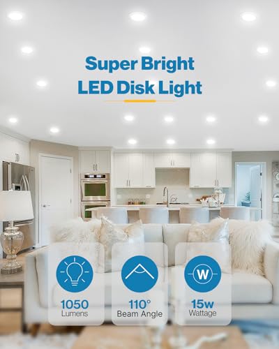 Sunco Lighting 12 Pack 5/6” LED Disk Lights Flush Mount Ceiling Light Fixture Recessed 6000K Daylight Deluxe, 100W Equivalent 15W, 1050LM, Dimmable Low Profile Surface Mount ETL. - Image 2