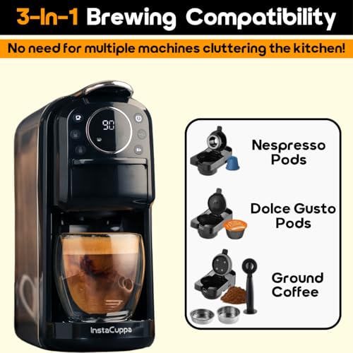 InstaCuppa 3-in-1 Espresso Coffee Maker Works with Ground Coffee, Pods & Capsules, Includes Electric Kettle Mode with Temperature Control, Adjustable Volume, Self-Cleaning, LED Touch Control & Display - Image 2